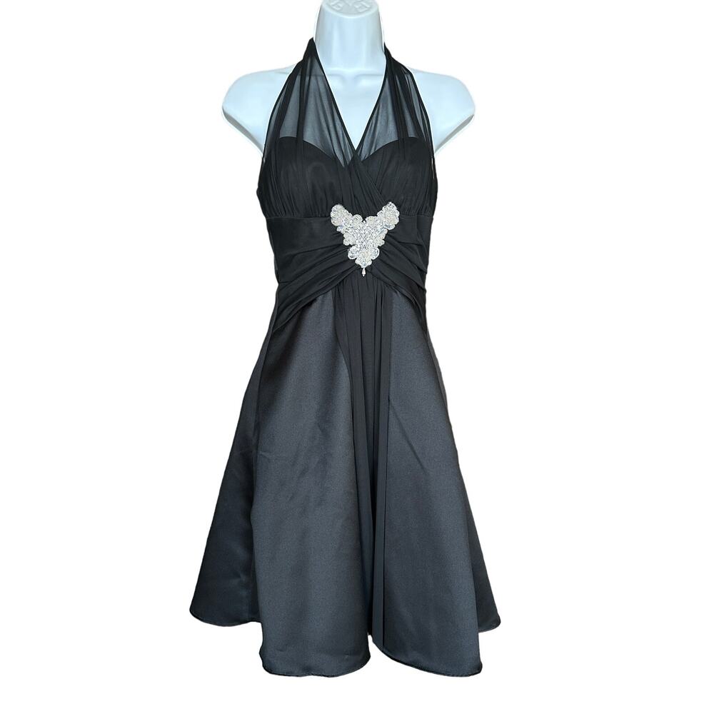 Vintage Black Halter Mini Dress Size 4 Tulle Fit Flare Rhinestone Cocktail 90s